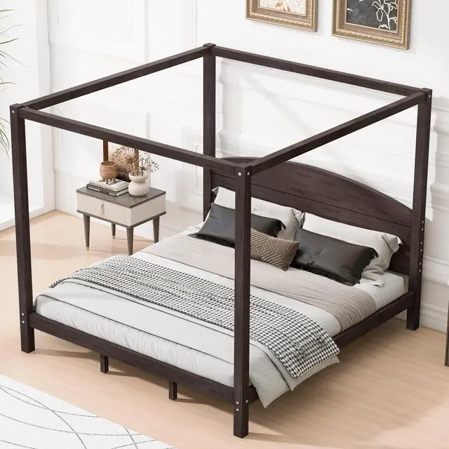 Alt view image 4 of 7 - King Size Canopy Platform Bed With Headboard And Support Legs, Brown Wash