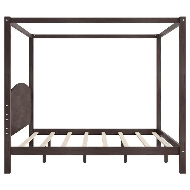 Alt view image 7 of 7 - King Size Canopy Platform Bed With Headboard And Support Legs, Brown Wash