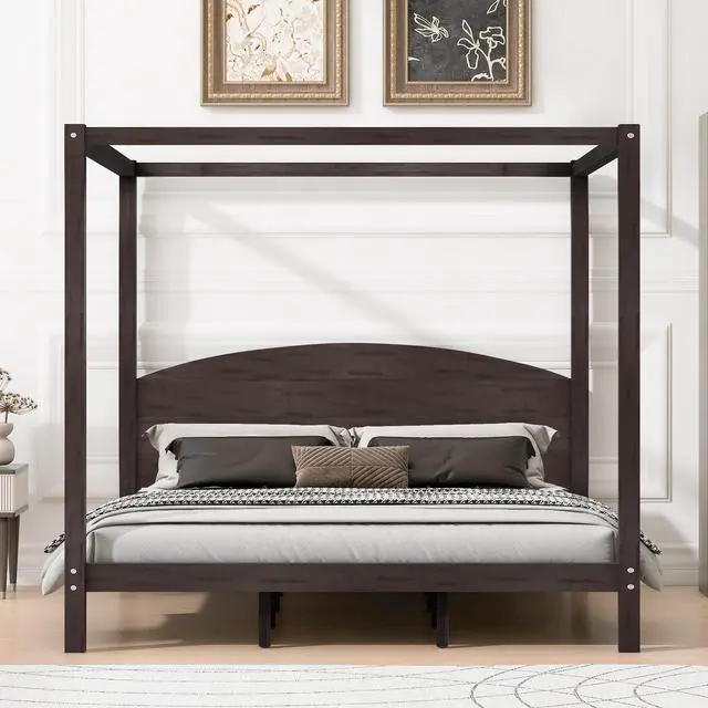 Alt view image 5 of 7 - King Size Canopy Platform Bed With Headboard And Support Legs, Brown Wash