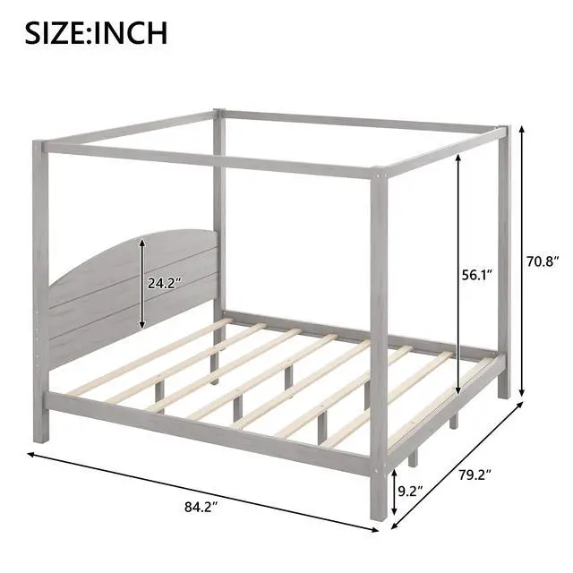 Alt view image 3 of 7 - King Size Canopy Platform Bed With Headboard And Support Legs, Grey Wash
