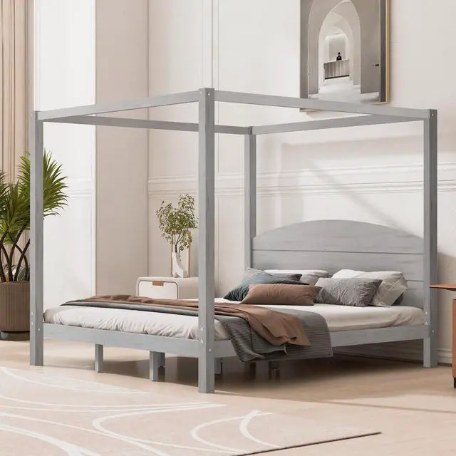 Alt view image 2 of 7 - King Size Canopy Platform Bed With Headboard And Support Legs, Grey Wash