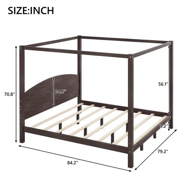 Alt view image 3 of 7 - King Size Canopy Platform Bed With Headboard And Support Legs, Brown Wash