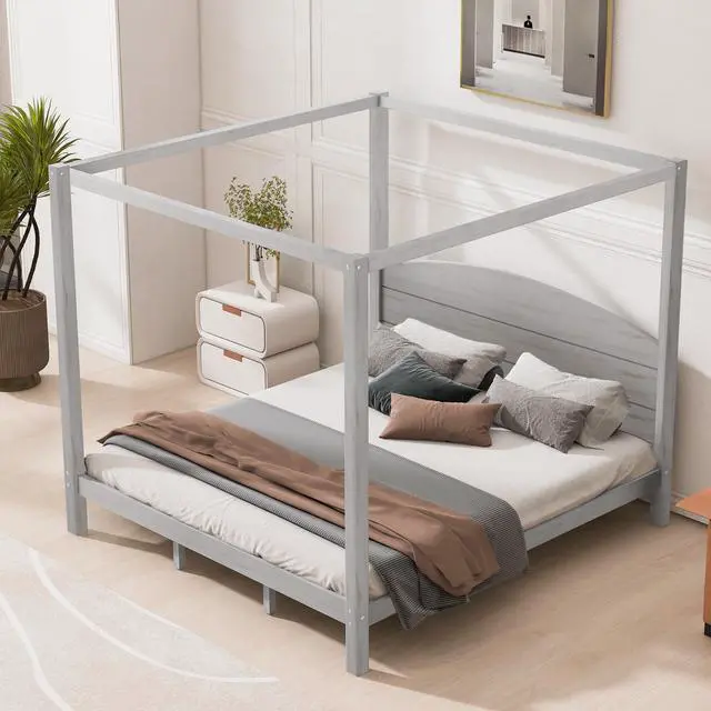 Alt view image 5 of 7 - King Size Canopy Platform Bed With Headboard And Support Legs, Grey Wash