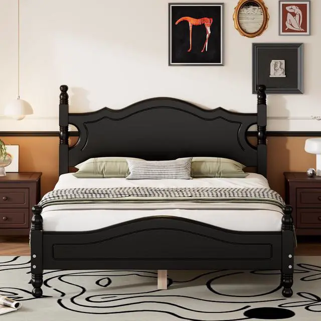 Main image of Full Size Wood Platform Bed Frame,Retro Style Platform Bed With Wooden Slat Support,Black