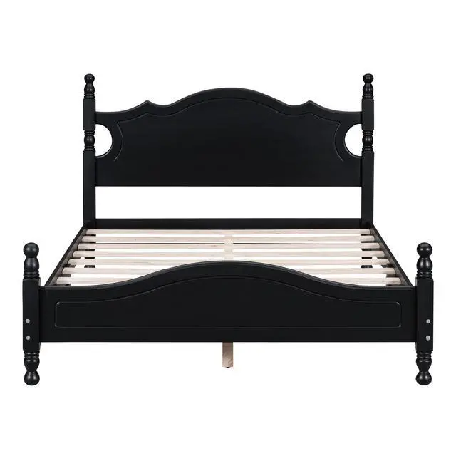 Alt view image 3 of 7 - Full Size Wood Platform Bed Frame,Retro Style Platform Bed With Wooden Slat Support,Black