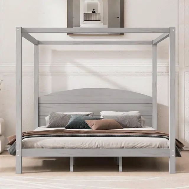Alt view image 4 of 7 - King Size Canopy Platform Bed With Headboard And Support Legs, Grey Wash