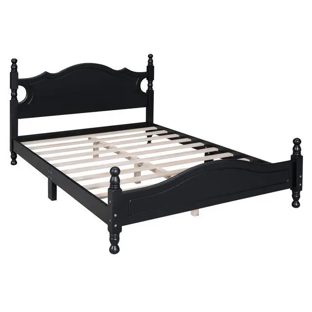 Alt view image 5 of 7 - Full Size Wood Platform Bed Frame,Retro Style Platform Bed With Wooden Slat Support,Black