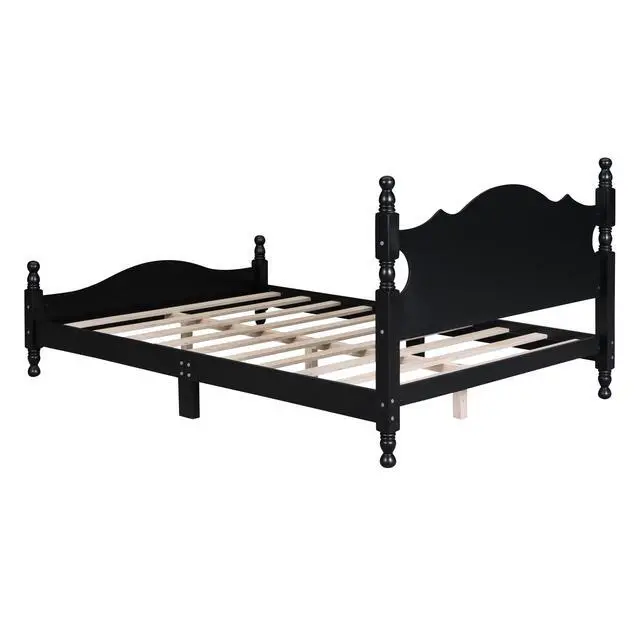 Alt view image 6 of 7 - Full Size Wood Platform Bed Frame,Retro Style Platform Bed With Wooden Slat Support,Black