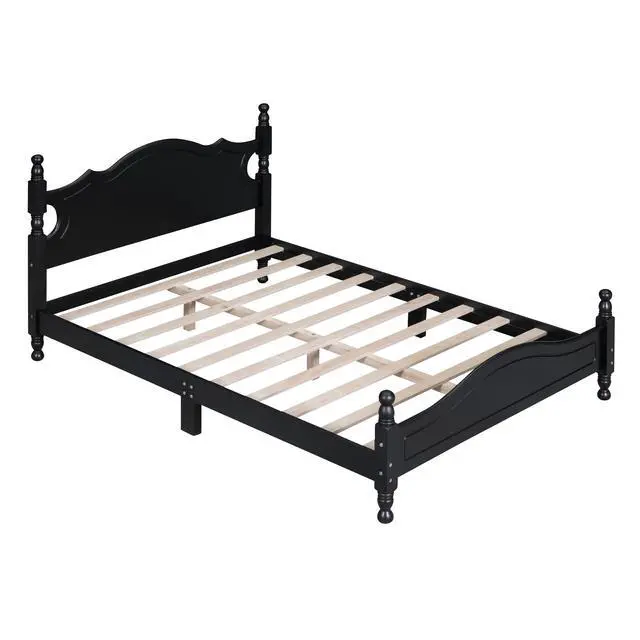 Alt view image 4 of 7 - Full Size Wood Platform Bed Frame,Retro Style Platform Bed With Wooden Slat Support,Black
