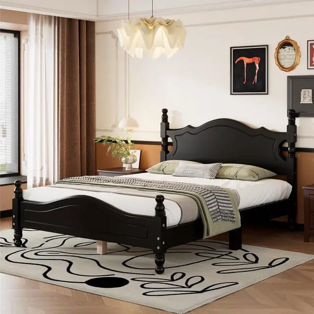 Alt view image 2 of 7 - Full Size Wood Platform Bed Frame,Retro Style Platform Bed With Wooden Slat Support,Black