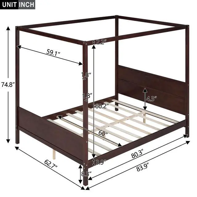 Alt view image 7 of 7 - Queen Size Canopy Platform Bed With Headboard And Footboard,Slat Support Leg - Espresso(Old Sku:Lt001912Aap)