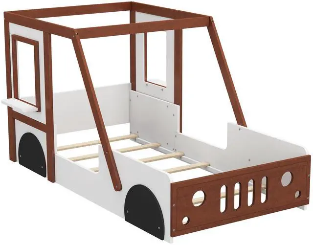 Main image of Fun Play Design Twin Size Car Bed, Kids Platform Bed In Car-Shaped For Kids Boys Girls Teens,White+ Orange
