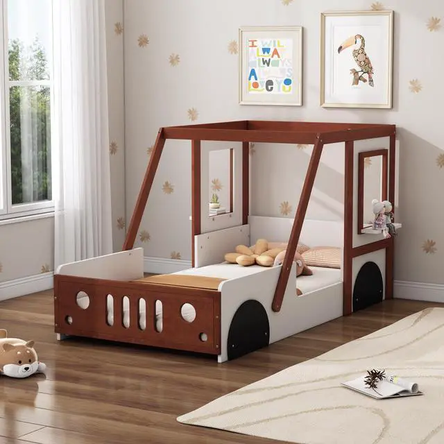 Alt view image 2 of 7 - Fun Play Design Twin Size Car Bed, Kids Platform Bed In Car-Shaped For Kids Boys Girls Teens,White+ Orange