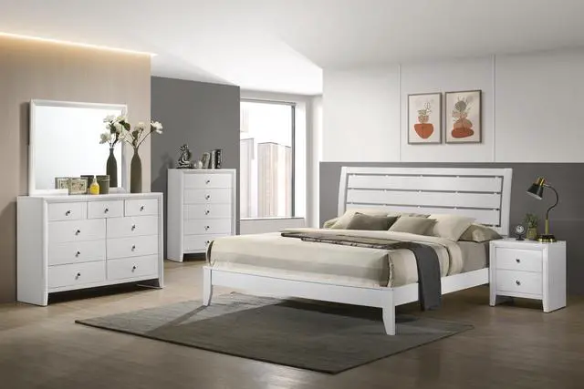 Alt view image 5 of 7 - 1Pc King Size White Finish Panel Bed Geometric Design Frame Softly Curved Headboard Wooden Bedroom Furniture