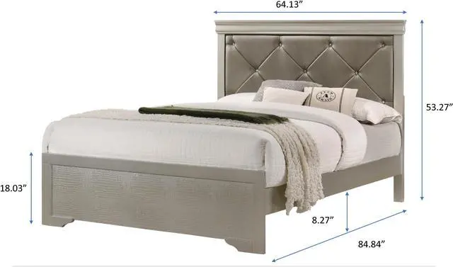 Alt view image 5 of 6 - Modern 1Pc Beige Champagne Finish Queen Size Panel Bed Wooden Crocodile Texture Pu Upholstered Headboard Crystal-Like Button Tufted Fabric Bedroom Furniture