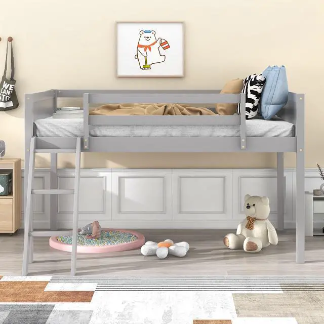 Alt view image 2 of 7 - Twin Size Wood Low Loft Bed With Ladder, Ladder Can Be Placed On The Left Or Right, Gray