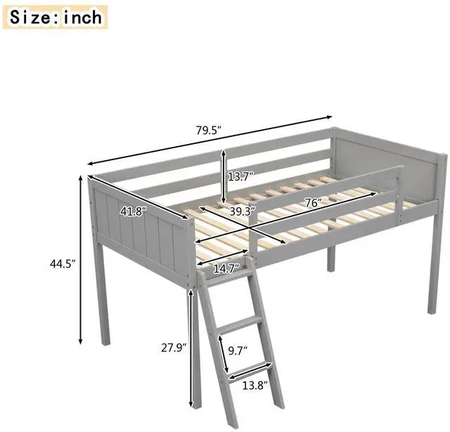 Alt view image 3 of 7 - Twin Size Wood Low Loft Bed With Ladder, Ladder Can Be Placed On The Left Or Right, Gray