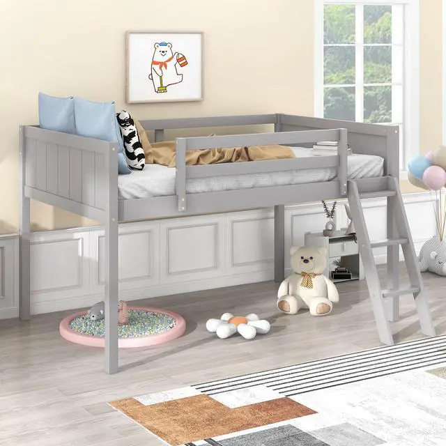 Alt view image 5 of 7 - Twin Size Wood Low Loft Bed With Ladder, Ladder Can Be Placed On The Left Or Right, Gray
