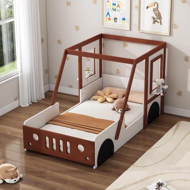 Alt view image 4 of 7 - Fun Play Design Twin Size Car Bed, Kids Platform Bed In Car-Shaped For Kids Boys Girls Teens,White+ Orange