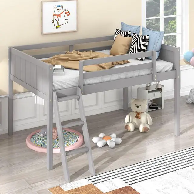Alt view image 4 of 7 - Twin Size Wood Low Loft Bed With Ladder, Ladder Can Be Placed On The Left Or Right, Gray