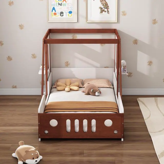 Alt view image 6 of 7 - Fun Play Design Twin Size Car Bed, Kids Platform Bed In Car-Shaped For Kids Boys Girls Teens,White+ Orange