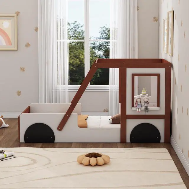 Alt view image 5 of 7 - Fun Play Design Twin Size Car Bed, Kids Platform Bed In Car-Shaped For Kids Boys Girls Teens,White+ Orange