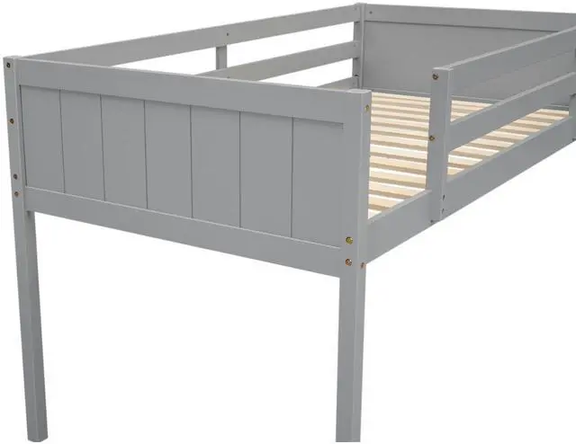 Alt view image 6 of 7 - Twin Size Wood Low Loft Bed With Ladder, Ladder Can Be Placed On The Left Or Right, Gray