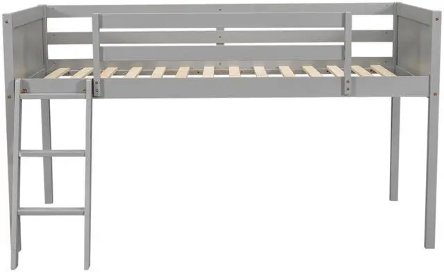 Alt view image 7 of 7 - Twin Size Wood Low Loft Bed With Ladder, Ladder Can Be Placed On The Left Or Right, Gray