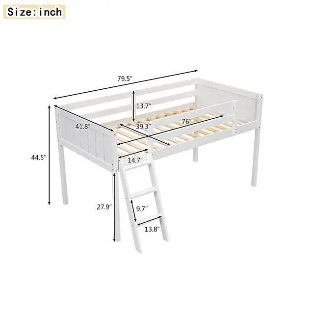 Alt view image 3 of 7 - Twin Size Wood Low Loft Bed With Ladder, Ladder Can Be Placed On The Left Or Right, White