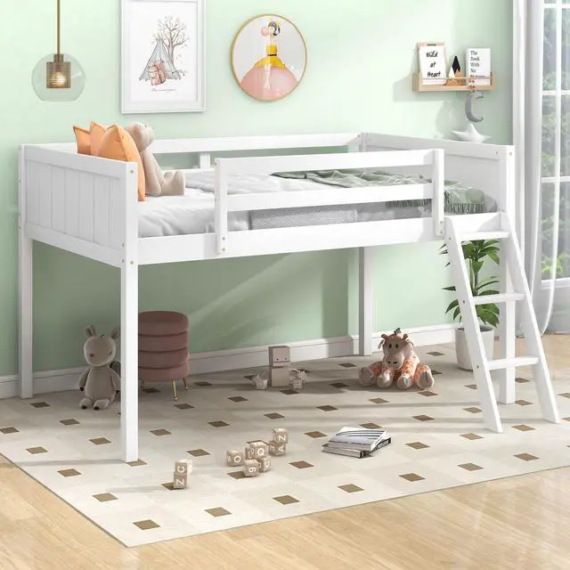 Alt view image 2 of 7 - Twin Size Wood Low Loft Bed With Ladder, Ladder Can Be Placed On The Left Or Right, White