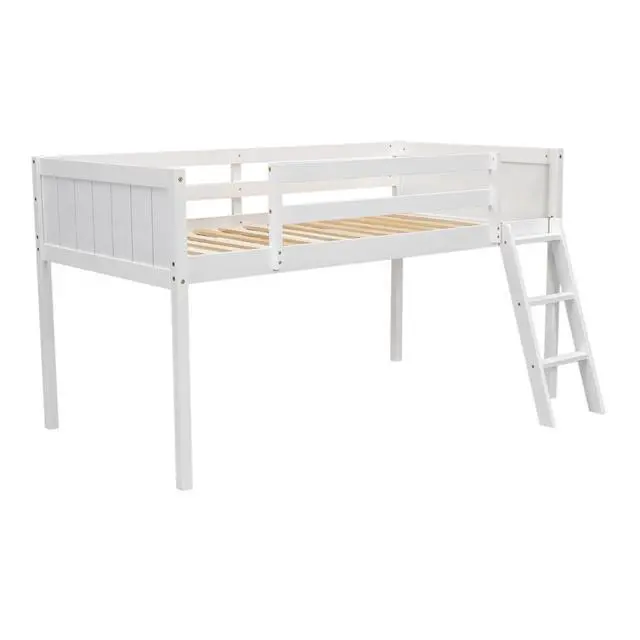 Alt view image 5 of 7 - Twin Size Wood Low Loft Bed With Ladder, Ladder Can Be Placed On The Left Or Right, White