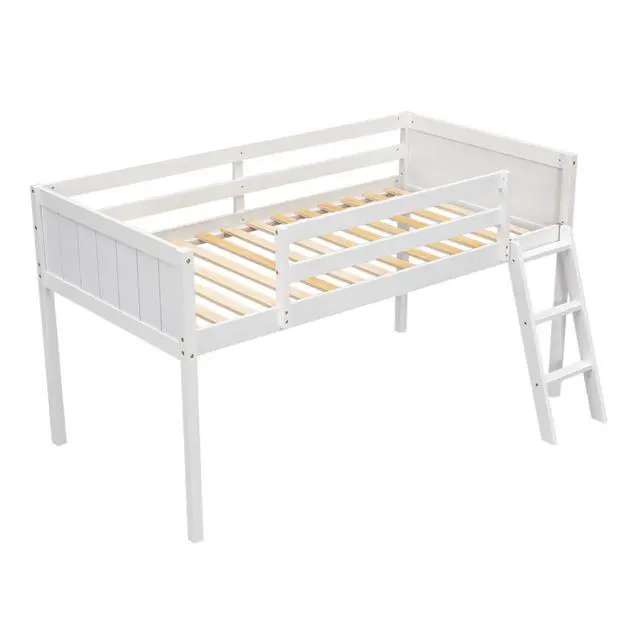 Alt view image 7 of 7 - Twin Size Wood Low Loft Bed With Ladder, Ladder Can Be Placed On The Left Or Right, White