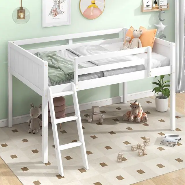Alt view image 4 of 7 - Twin Size Wood Low Loft Bed With Ladder, Ladder Can Be Placed On The Left Or Right, White