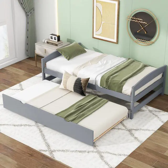 Alt view image 2 of 7 - Twin Size Platform Bed With Twin Size Trundle, Gray