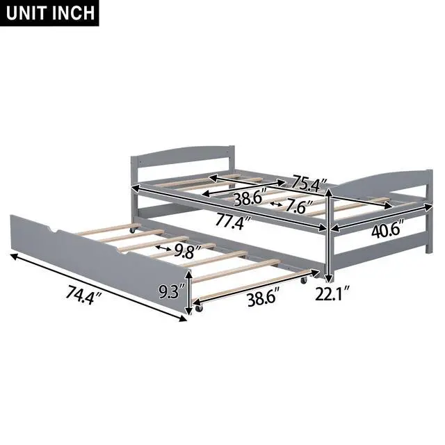 Alt view image 3 of 7 - Twin Size Platform Bed With Twin Size Trundle, Gray