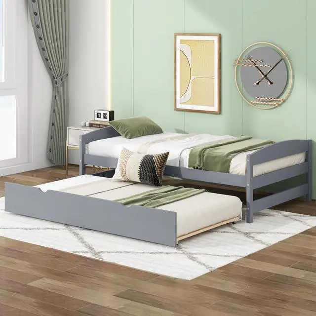 Alt view image 5 of 7 - Twin Size Platform Bed With Twin Size Trundle, Gray