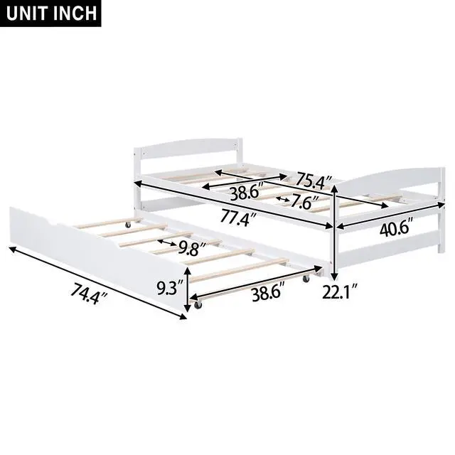 Alt view image 3 of 7 - Twin Size Platform Bed With Twin Size Trundle, White