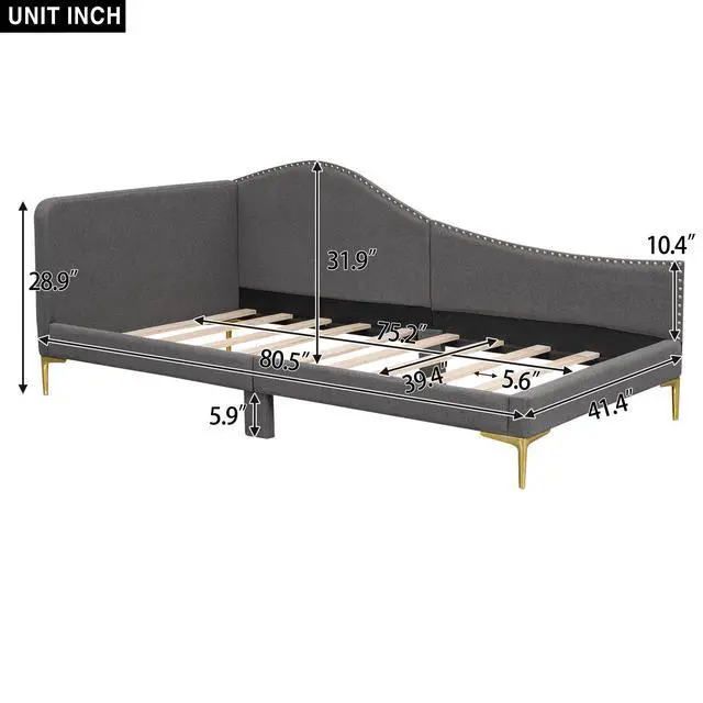 Alt view image 3 of 7 - Twin Size Upholstered Daybed With Headboard And Armrest, Support Legs, Grey
