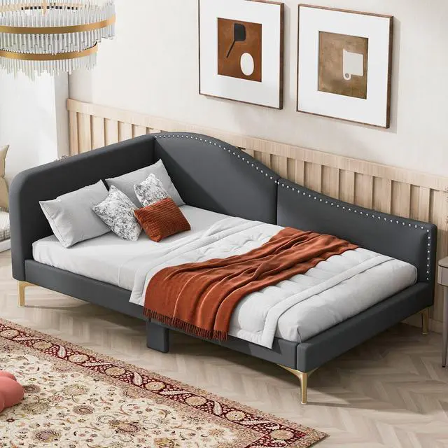 Main image of Twin Size Upholstered Daybed With Headboard And Armrest, Support Legs, Grey