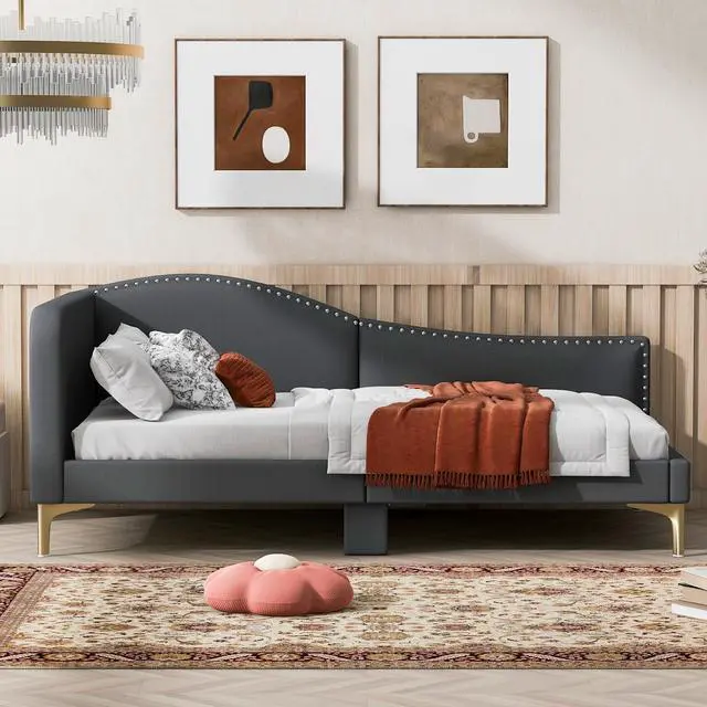 Alt view image 4 of 7 - Twin Size Upholstered Daybed With Headboard And Armrest, Support Legs, Grey