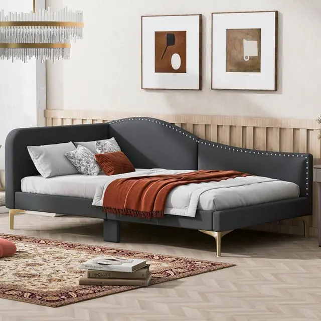 Alt view image 5 of 7 - Twin Size Upholstered Daybed With Headboard And Armrest, Support Legs, Grey
