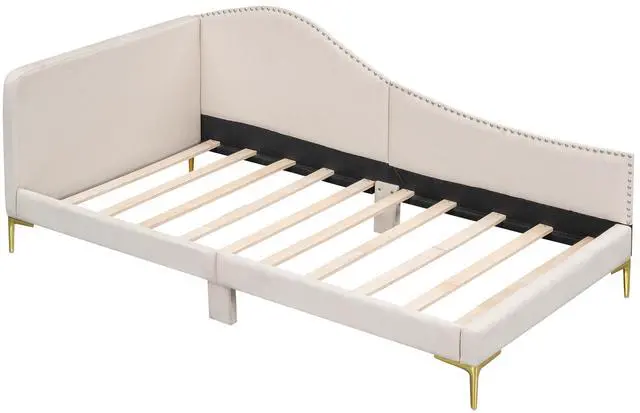 Main image of Twin Size Upholstered Daybed With Headboard And Armrest, Support Legs, Beige