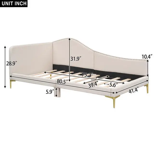 Alt view image 3 of 7 - Twin Size Upholstered Daybed With Headboard And Armrest, Support Legs, Beige