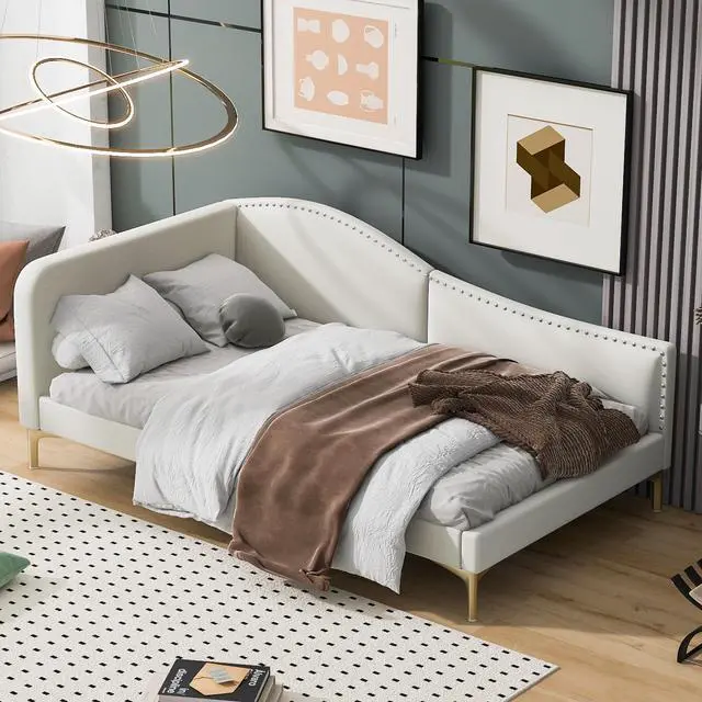 Alt view image 2 of 7 - Twin Size Upholstered Daybed With Headboard And Armrest, Support Legs, Beige