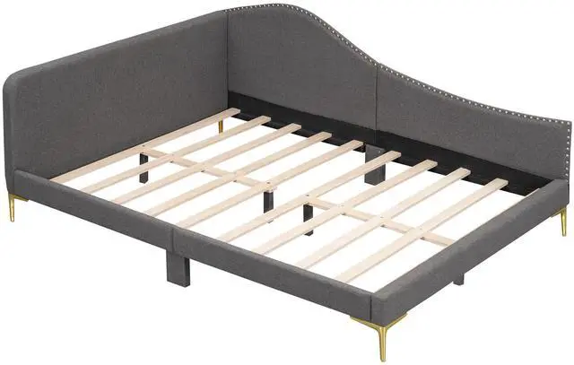 Main image of Full Size Upholstered Daybed With Headboard And Armrest, Support Legs, Grey