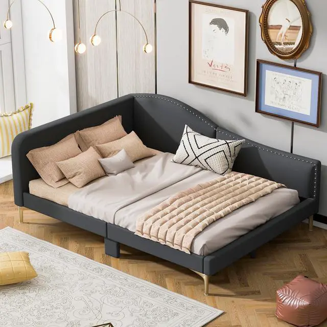 Alt view image 2 of 7 - Full Size Upholstered Daybed With Headboard And Armrest, Support Legs, Grey