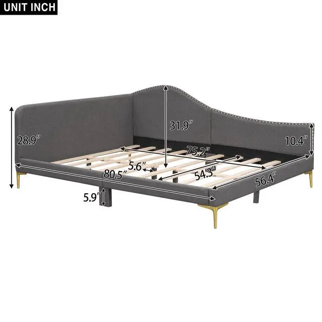 Alt view image 3 of 7 - Full Size Upholstered Daybed With Headboard And Armrest, Support Legs, Grey