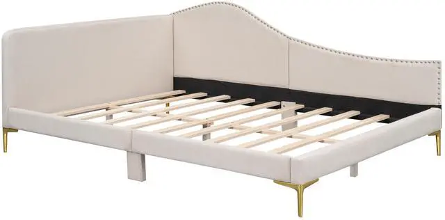 Main image of Full Size Upholstered Daybed With Headboard And Armrest, Support Legs, Beige