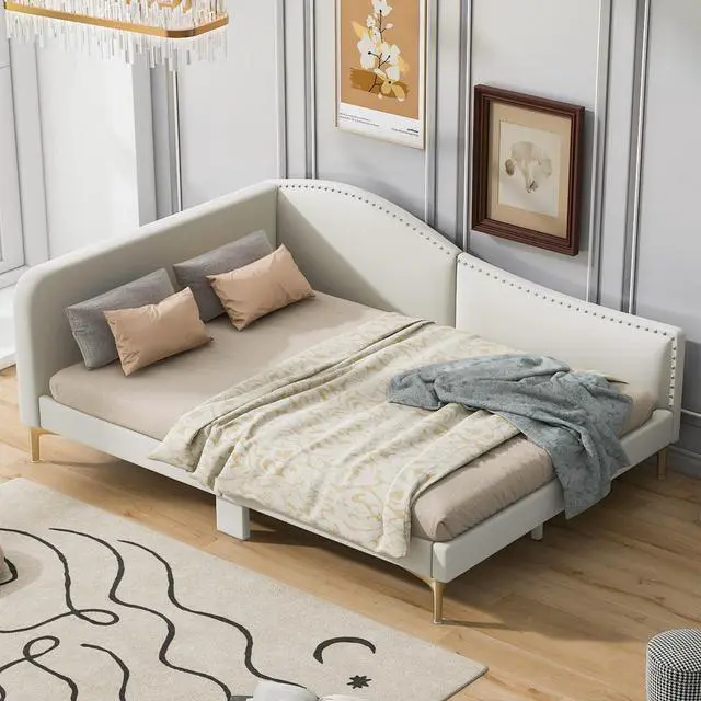 Alt view image 2 of 7 - Full Size Upholstered Daybed With Headboard And Armrest, Support Legs, Beige