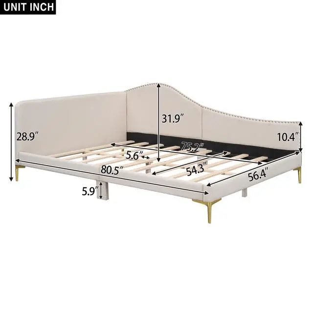 Alt view image 3 of 7 - Full Size Upholstered Daybed With Headboard And Armrest, Support Legs, Beige